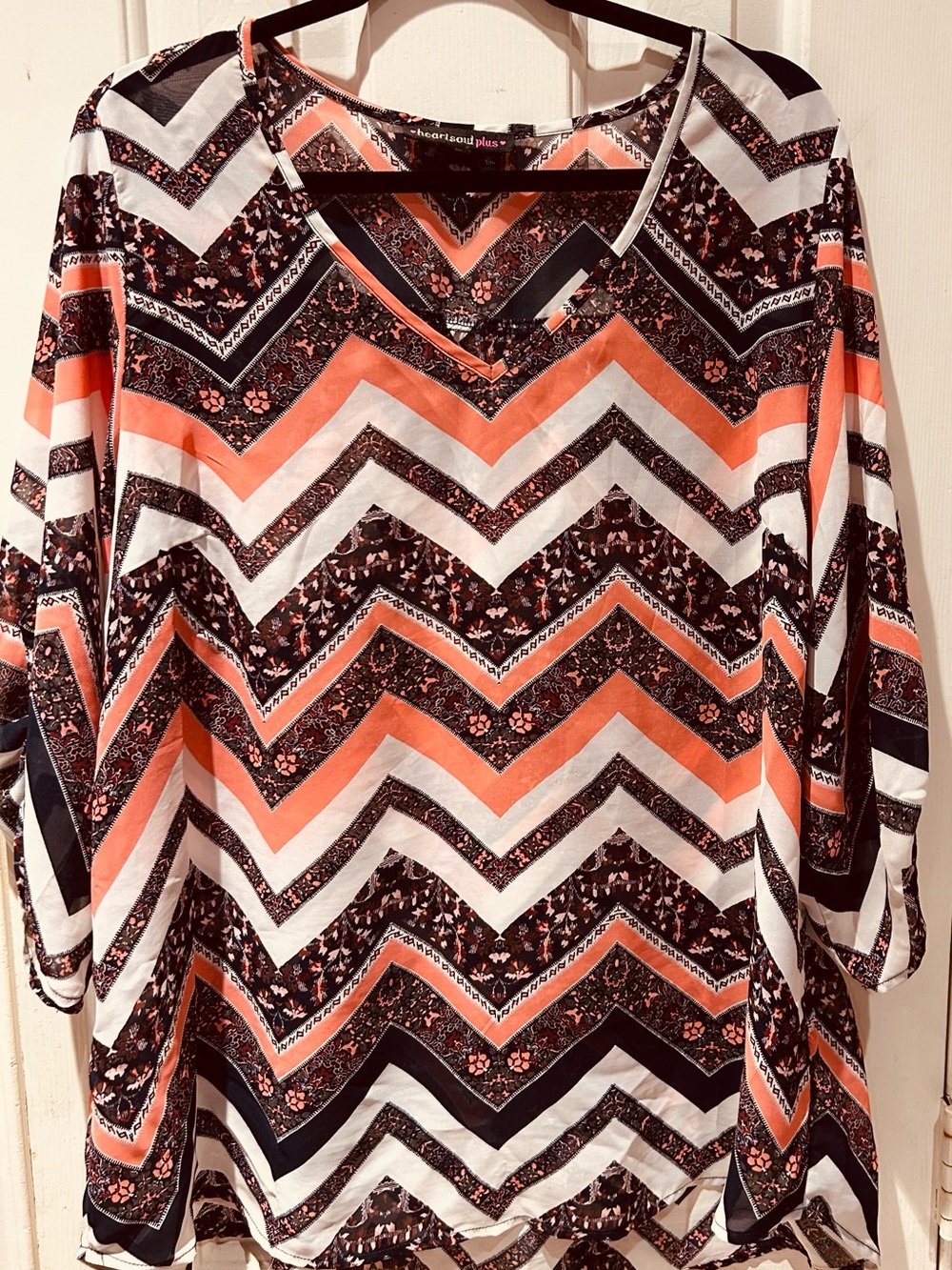 HeartSoul Chevron V-Neck Tunic in Coral, Black & White